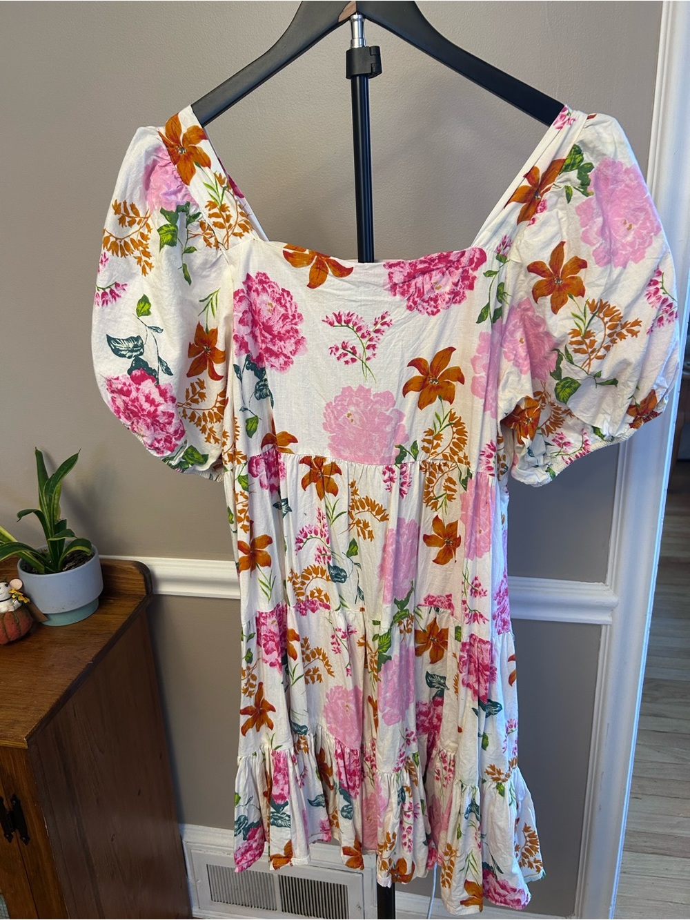 Floral Puff Sleeve Mini Dress in White with Pink & Rust Flowers